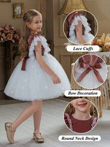 少女圣诞天鹅绒蕾丝荷叶袖珍珠纽扣亮片薄纱优雅花童礼服，适合女孩生日派对、婚礼、伴娘、节日庆典等场合。 - 白色 - 查看 10