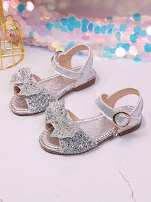 A Pair Of 2026 New-Style Girls' Rhinestone Bow Slip-On Low-Heeled Open-Toe Sandals | Suitable For Sisterly Afternoon Tea Gatherings / School Club Presentations / Spring Outfitting - Silver - View 1