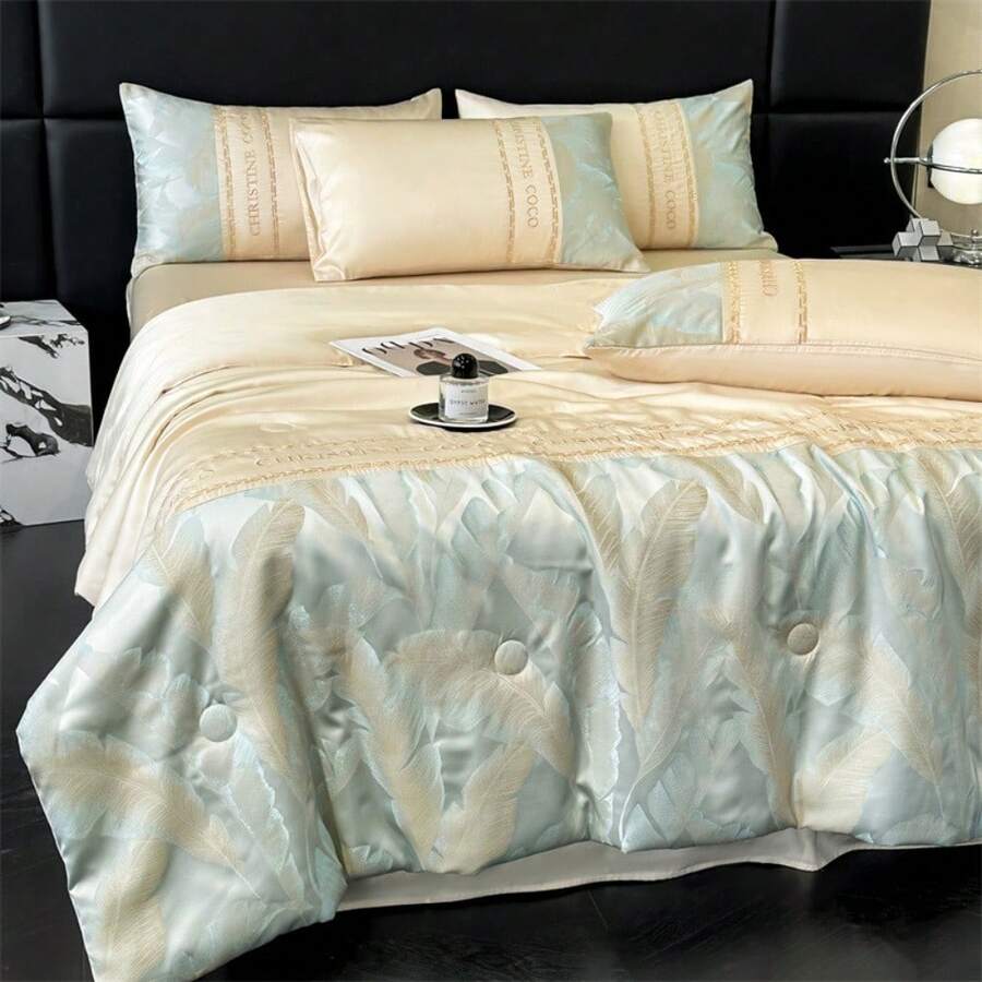 Juego de cama de verano de cuatro piezas de Tencel, manta fresca de seda de hielo, manta de aire acondicionado - Palmera - Caqui - Ver 1