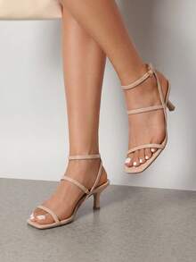 Women Kitten Heel Strappy Heeled Sandals Fashion Square Open Toe Ankle Buckle Heeled Sandals Wedding Party Dress Shoes - 裸色/PU - 查看 2