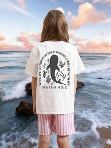 1pc Girls Printed Dark Grey Short Sleeve T-Shirt, Student Young Casual Comfortable & Fashionable Summer Top - White - View 2