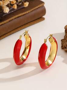 1 par de pendientes de aro en forma de C de acero inoxidable para mujeres - Pendientes de acero inoxidable con forma de C y gotas de aceite - Ver 3