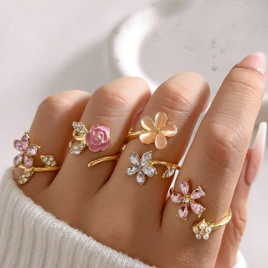 4 Pack Alloy Rhinestone Imitation Oil Painting Stacked Wear Ring Suit Fashion Elegant Sexy Flower Pink Series Rhinestone Imitation Sexy Flower Wedding Season Ring Suit, Bridal Rings, Elegant Events, Floral Design, Stacked Rings, Delicate Craftsmanship, Goldplated Rings, Statement Jewelry, Decorative Rings, Brides, Jewelry Collectors - golden - 查看 1