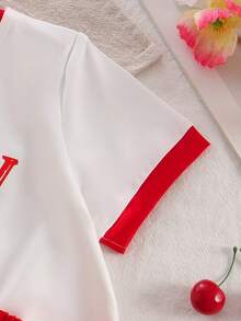 女童春夏时尚休闲风圆领白红樱桃印花短袖上衣搭配松紧腰A字荷叶边半裙两件套 - 紅色 - 查看 5