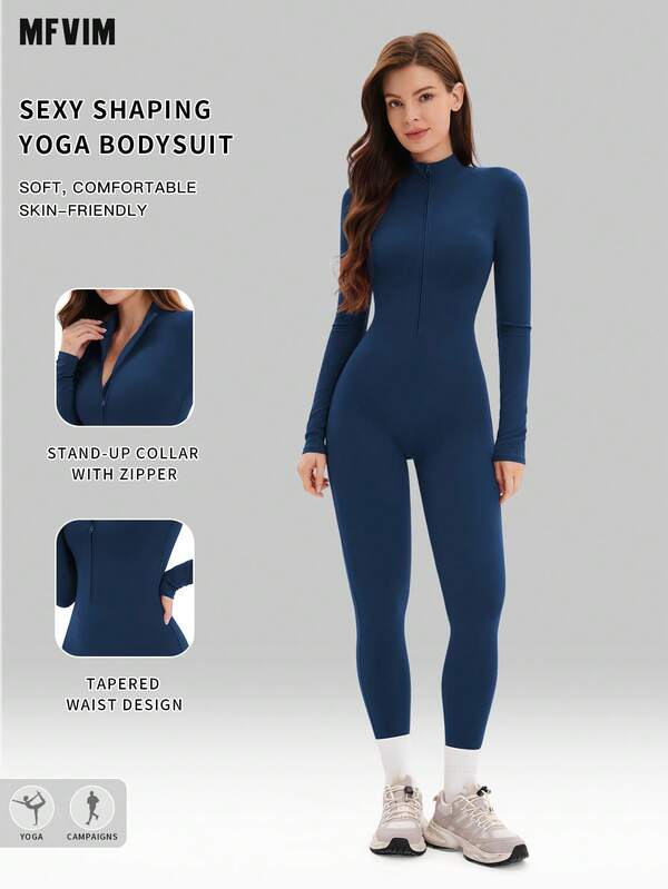  MFVIM Women's Navy Blue Thermal Ski Jumpsuit, Half-Zip Stand Collar Design, Slim Fit, Abdominal Control, Breathable Soft Fabric, Suitable For Skiing, Commuting, Outdoor Running, Cycling, Yoga, Pilates, Gym Workout
