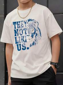 男童休闲狮子图案印花圆领短袖T恤，夏季学生青少年服装 - 白色 - 查看 1