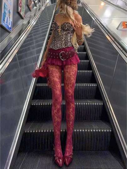 Womens Floral Lace Patterned Fishnet Tights Fishnets Leggings Lace Pantyhose Daily Streetwear