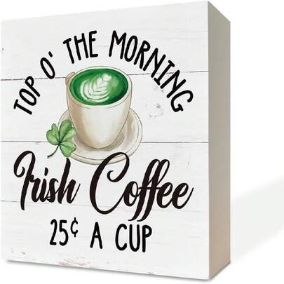 1pc St. Patrick's Day Decor Wooden Box Sign Desk Decor White Wood Box Sign Irish Coffee Sign Kitchen Decor For Table Shelf Farmhouse Decor For Irish Coffee Bar Coffee Lover Home Decor 5x5in(12.4x12.4cm)
