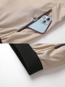 Men's Stand Collar Zip-Up Baseball Jacket, Bomber Jacket Spring - Khaki - View 5