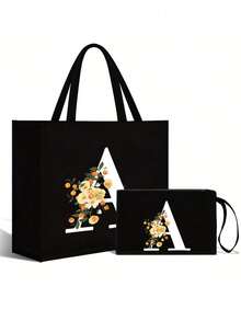A-Z 花卉字母黑色帆布手提袋和化妆包套装，字母印花可重复使用购物袋搭配同款化妆包，适合携带日常必需品、杂货、化妆品和办公用品，是伴娘、学生、上班族和送礼佳品的理想之选，也适合日常出行、购物、婚礼和通勤等场合。 - 彩色 - 查看 28