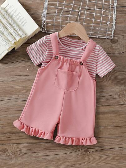 2pcs/Set Girls Summer Short Sleeve T-Shirt + Bib Pants, Toddler Striped Casual Outfit