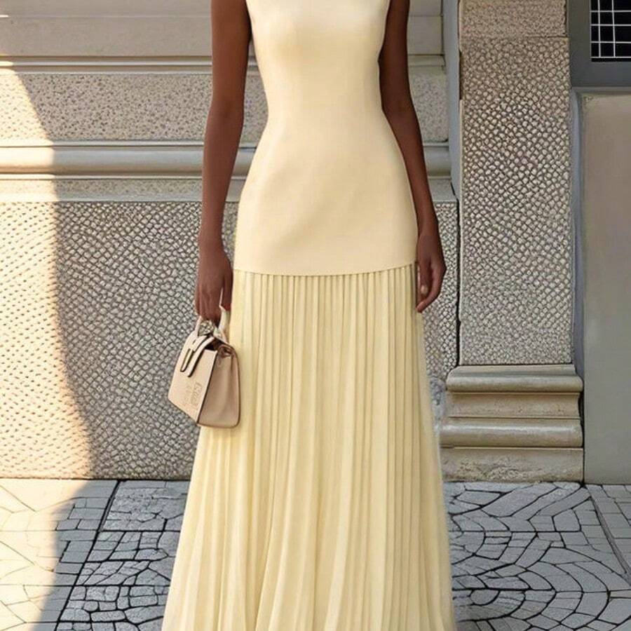 European And American Women's Solid Color Sleeveless Knitted Vest + Knitted Skirt Set Two-Piece Set  Spring Outfits For Women Summer Outfits Date Night Women Outfit Valentines Day Outfit Party Outfits For Women Spring Outfits Spring Outfits Conjunto De Dos Piezas Mujer Elegante - 黃色 - 查看 1