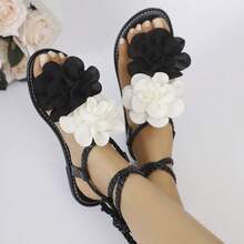 Sandalias planas con cordones y diseño floral, elegantes y de moda para uso casual en interiores o exteriores - Negro - Ver 9