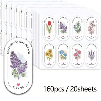 160pcs Watercolor Floral Oval Stickers - "Something Special" & "Open Me" Heartwarming English Labels - Suitable For Bakery, Flower Shop, Gifts, Wedding, Birthday, Shower, Graduation, Party, 8 Floral Themes