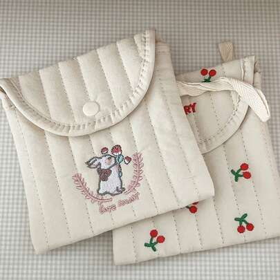 Sanitary Pad Storage Bag, Cartoon Embroidered, Multiple Styles, Soft Fabric, High-Quality, Minimalist Zipper Design, Stores Small Items, Portable, Essential For College Dorm And Daily Use, Fashionable And Beautiful Storage Pouch