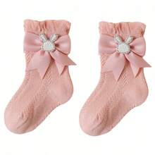 Baby Girl Socks With Bows Soft Pearl Bunny Infant Princess Dress Socks Toddler Ruffle Socks - Rosa - Ver 5
