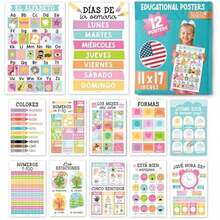 Hadley Designs Spanish Classroom Decorations - 12 Spanish Posters For Classroom Elementary, Abecedario Para Niños En Español, Laminated Colorful Bilingual Educational Posters 11x17(Colorful Pastel) - 彩色 - 查看 1