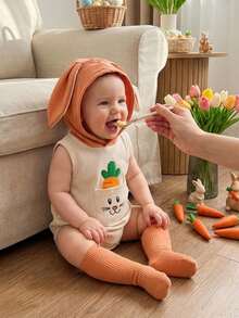 Disfraz de conejito de Pascua para bebé, mono sin mangas con capucha y bolsillo bordado de zanahoria, calcetines largos, ropa de fiesta - Naranja - Ver 3
