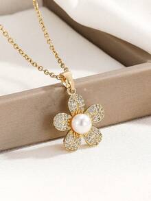 1 Set Stainless Steel Flower Pearl Pendant Necklace And Earrings Jewelry Set, Versatile Elegant Natural Design Necklace Earrings Jewelry, Suitable For Daily Life/Party/Ramadan/Spring Wear As Gift - Gold - Style a - View 2