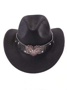 1pc Metal Heart With Rhinestone Felt Hat Casual Top Hat, Elegant And Suitable For Travel, Parties, Western Cowboy Themed Parties, And Daily Use Halloween Valentine's Day Valentines - Multicolor - View 1
