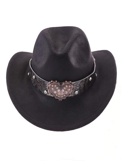 1pc Metal Heart With Rhinestone Felt Hat Casual Top Hat, Elegant And Suitable For Travel, Parties, Western Cowboy Themed Parties, And Daily Use Halloween Valentine's Day Valentines