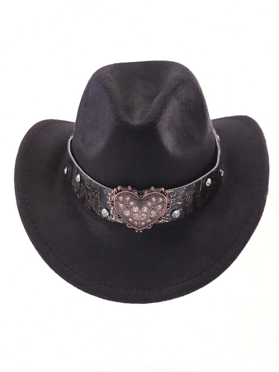1pc Metal Heart With Rhinestone Felt Hat Casual Top Hat, Elegant And Suitable For Travel, Parties, Western Cowboy Themed Parties, And Daily Use Halloween Valentine's Day Valentines - Multicolor - View 1