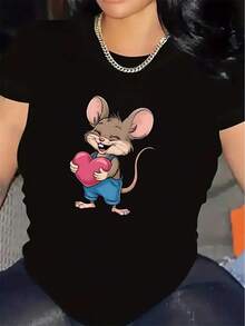Black Short-Sleeve T-Shirt With A Cartoon Mouse Heart Pattern, Made Of Durable Fiber Fabric, Lightweight And Comfortable, Suitable For Daily Use At Home, In The Office, Or For Casual Occasions, Perfect As A Valentine's Day Gift. - 白色 - 查看 6
