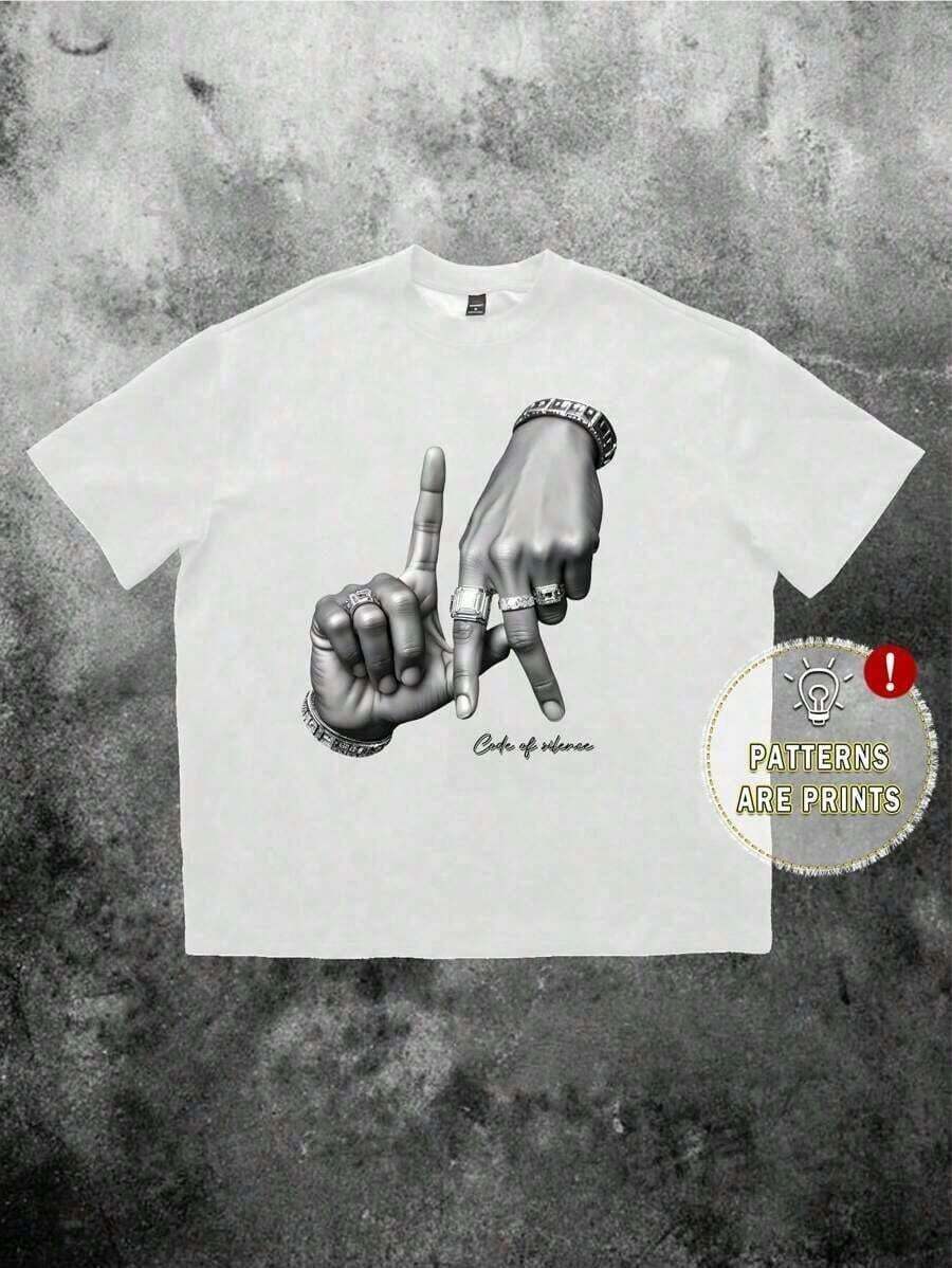 Los Angeles LA Hand Gesture Print Street Style Black Drop Shoulder-Shirt Men - 白色 - 查看 1