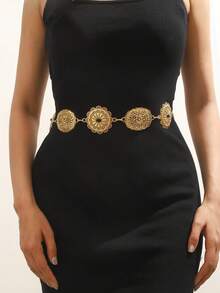 1pc Fashion Metal Carved Rhinestone Embellished Waist Chain, Bohemian Style, Suitable For Casual Daily Wear And Party Occasions In Spring, Summer, Autumn And Winter - Yellow Gold - View 1