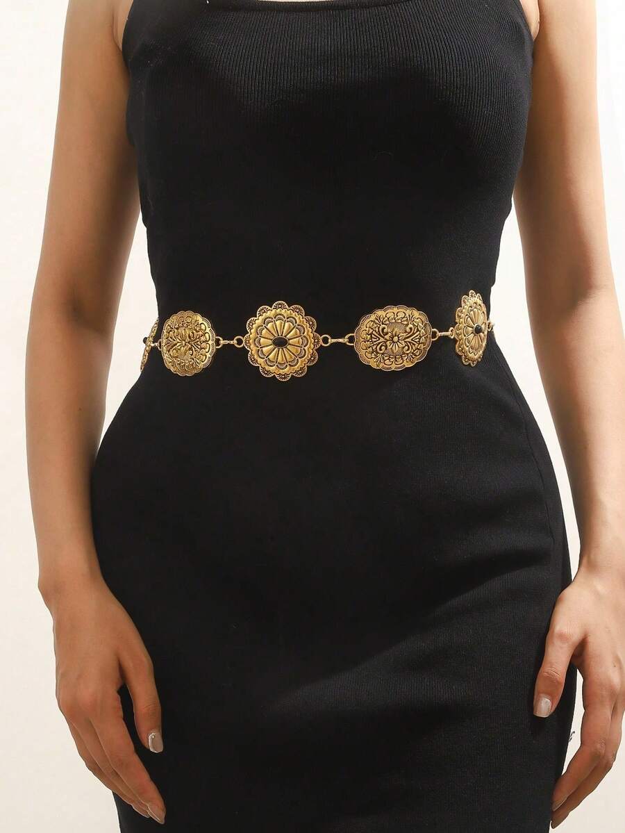 1pc Fashion Metal Carved Rhinestone Embellished Waist Chain, Bohemian Style, Suitable For Casual Daily Wear And Party Occasions In Spring, Summer, Autumn And Winter - Yellow Gold - View 1
