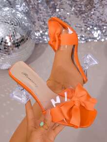 女士透明蝴蝶结套脚凉鞋，舒适方头日常时尚露趾水晶高跟鞋，夏季 - 橘色 - 查看 4