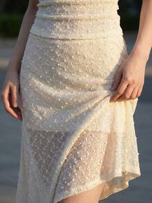 Women's Elegant Beige Sheer Lace Midi Skirt, Asymmetrical Hem High Waist Skirt, Summer Vacation Beach Outfit - Apricot - View 9