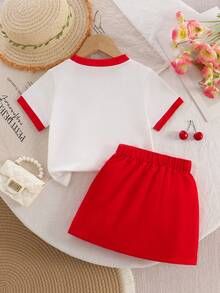 女童春夏时尚休闲风圆领白红樱桃印花短袖上衣搭配松紧腰A字荷叶边半裙两件套 - 紅色 - 查看 2