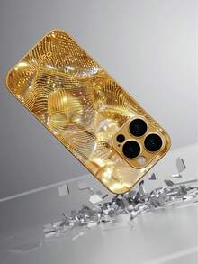 1pc Customized Name, Luxury Gold Wave Pattern High-Definition Electroplated Gold Glass Phone Case Compatible With Iphone 17 Pro Max/16 Pro Max/15/14 Plus/13 Pro/12 Pro Max/11/Xs Max/8/7/6 Plus Phone Accessories - Gold - View 3