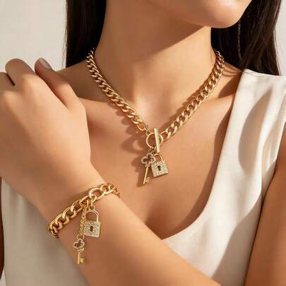 Set de 2 piezas de pulsera y collar con llave de lujo, delicado, en oro/plata. Elegante y de moda, adecuado para todas las ocasiones, un conjunto de joyas perfecto como regalo para mujeres