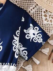 1pc Young Girl Vintage Style Dress, Summer Dress, Young Girl Navy Blue Floral Retro Print Short Sleeve A-Line Dress, Essential For Young Girl Vacation & Outdoor, Suitable For 4-8 Years Old, Casual, Party, Holiday Gift, Birthday Gift - Navy Blue - View 6