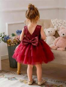 Baby Girls' Burgundy Sequin Bow Tulle Elegant Party Dress, Princess Dress, Suitable For Baby's 1st Birthday Gift, Party, Wedding, Flower Girl, All Season - Burgundy - View 1