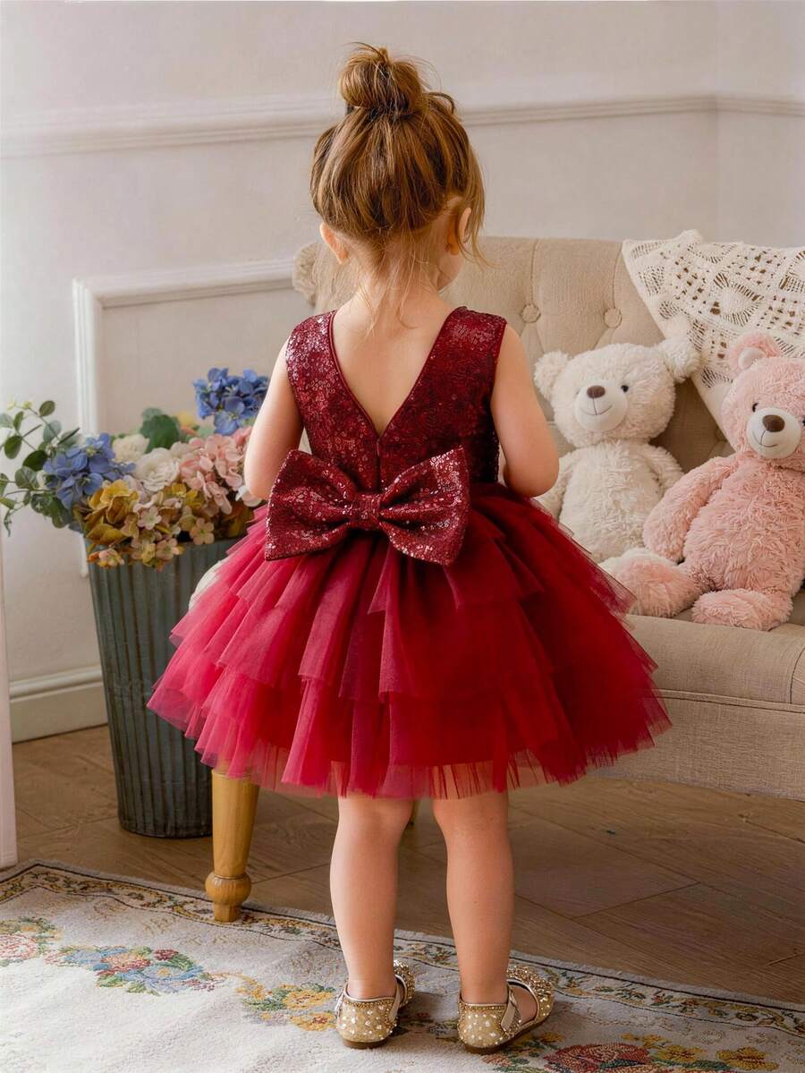 Baby Girls' Burgundy Sequin Bow Tulle Elegant Party Dress, Princess Dress, Suitable For Baby's 1st Birthday Gift, Party, Wedding, Flower Girl, All Season - Burgundy - View 1