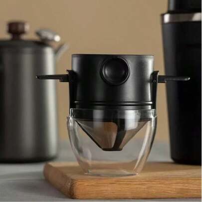 1pc, Coffee Filter Stainless Steel Filter-Free Paper Coffee Funnel Filter Screen Portable Folding Hanging Ear Hand Pour-Over Coffee Filter Cup