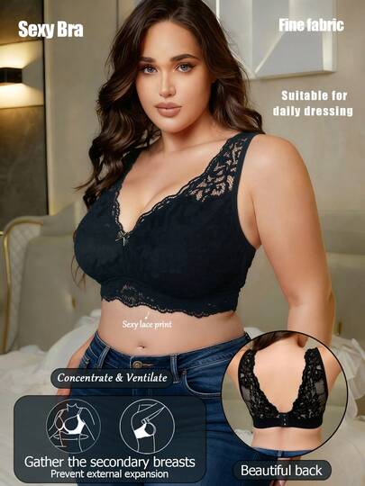 Lingerie sexy de renda para mulheres plus size, sutiã preto minimalista casual e confortável com costas abertas, calcinha sexy de malha com decote profundo em V para mulheres, sutiã casual versátil sem amassamento de renda francesa sem fio