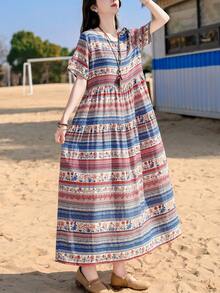 Vestido de verano casual y elegante para mujer con estampado floral, volantes y estilo bohemio para la playa - Azul - Ver 6