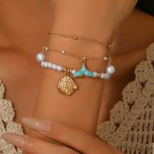 2pcs Double Layer Ocean Style Enamel Blue Whale Tail Pendant Bracelet Set, Suitable For Beach, Party, Date, Daily Wear - White - View 3