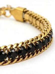 diffone Pulsera de cadena de acero inoxidable dorado de moda, accesorio de joyería unisex ajustable con diseño de pulsera de tenis de circonita cúbica - pulsera de cadena de acero inoxidable - Ver 5