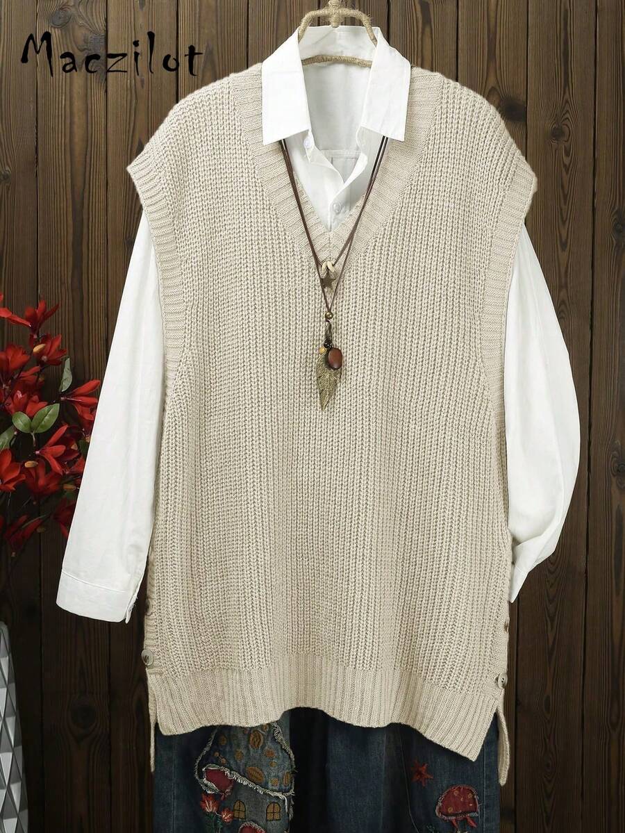 Plus Size Women Loose Fit V-Neck Sleeveless Pullover Sweater Vest - Apricot - View 1