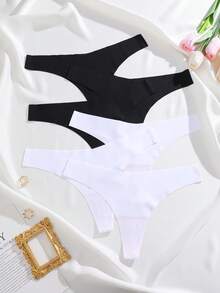 6pcs/Pack Celana Dalam Thong Wanita Model V-Shape, Tanpa Jahitan, Bernapas, Berpinggang Rendah, Berbagai Warna - Hitam dan Putih - View 2