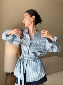官方图片实拍价格 女士纯棉复古格子衬衫，宽松落肩设计，休闲秋季款 - 淺色水洗藍 - 查看 3