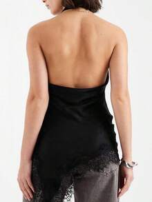 Women Satin Lace Halter Top Silky Mock Neck Backless Asymmetrical Hem Flowy Tank Tops Y2k Fairy Going Out Streetwear - Negro - Ver 3