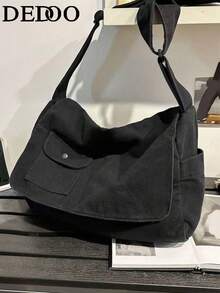 Dedoo Túi đeo chéo cổ điển tối giản bằng vải canvas, túi vải canvas dày dặn đã qua xử lý, túi đeo vai đa năng dung tích lớn, phù hợp cho học sinh, đi làm, du lịch ngắn ngày, túi xách đường phố đơn giản. - màu đen - Xem 2