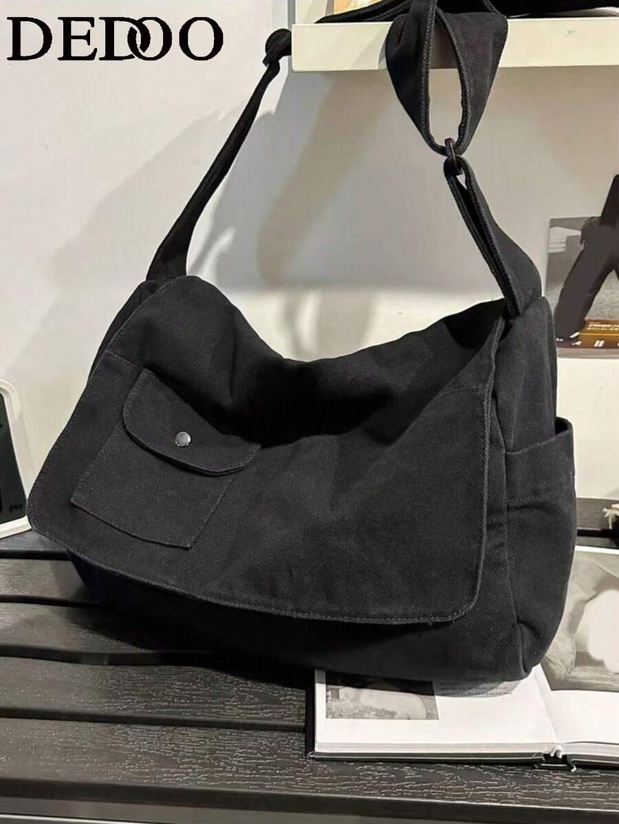 Dedoo Túi đeo chéo cổ điển tối giản bằng vải canvas, túi vải canvas dày dặn đã qua xử lý, túi đeo vai đa năng dung tích lớn, phù hợp cho học sinh, đi làm, du lịch ngắn ngày, túi xách đường phố đơn giản.