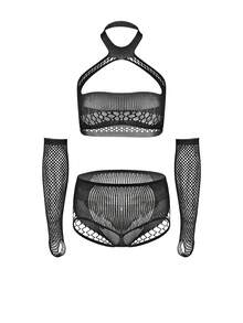 3件套女士吊带针织露脐上衣、镂空网眼丁字裤、性感渔网内衣套装 - 黑色 - 查看 6